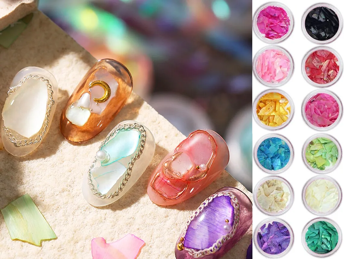 

12pcs/Lot Natural Sea Shell slice Colourful pearls slice Artwork decoration Polymer clay tools decoration Nail Art Decoration