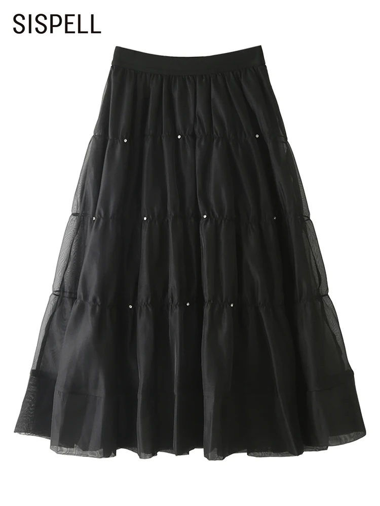 

SISPELL Loose Skirt For Women High Waist Solid Minimalist Patchwork Mesh Midi Skirts Female Summer Fashion Clothing 2022 Style