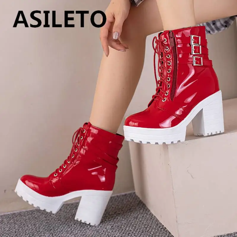 

ASILETO Design Shoe Woman Mid Calf Boots Round Toe Block Heel 9.5cm Zipper Lace Up Belt Buckles Size 33 Size 43 Concise Dating