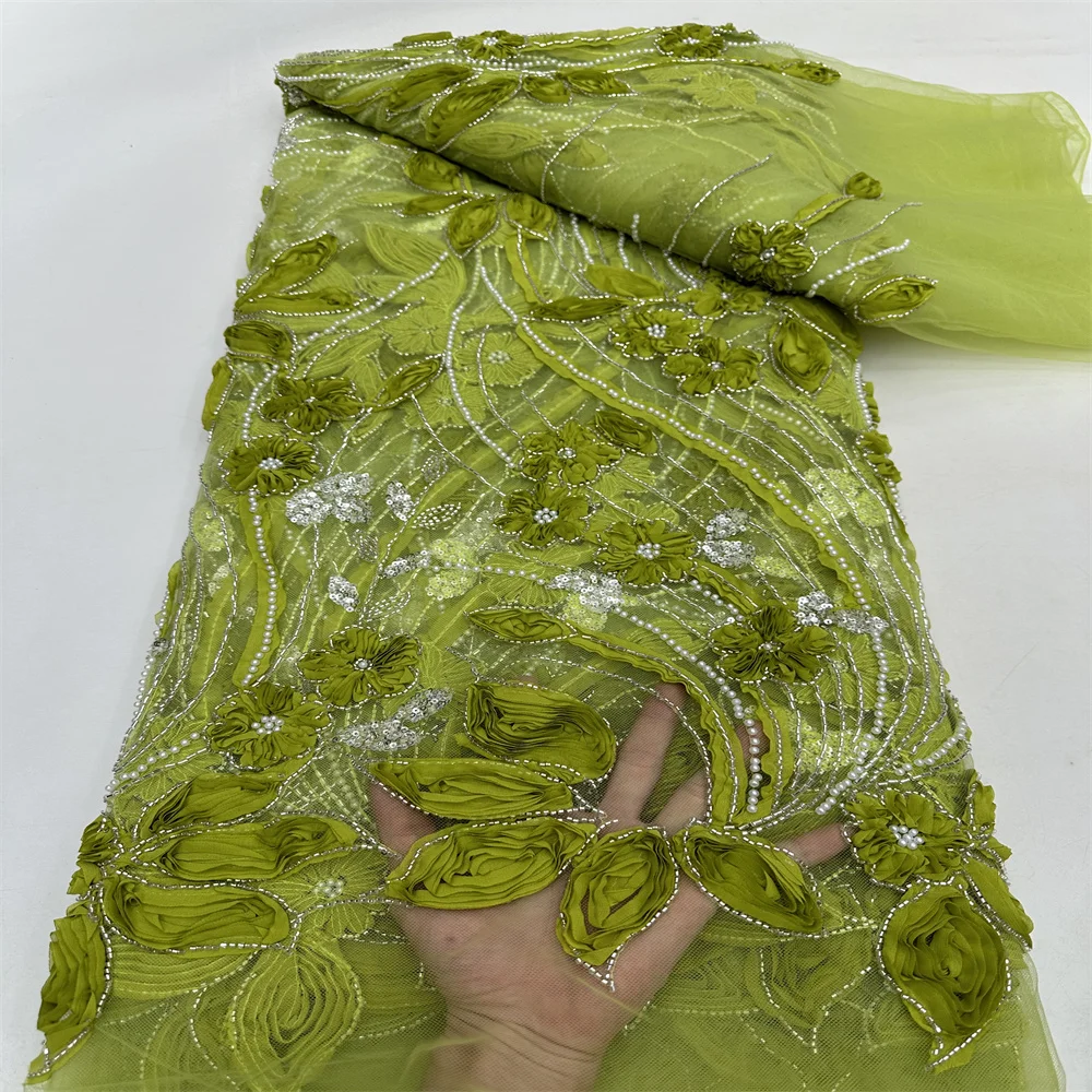 2024 модная французская сетка 3D цветы вышивка бисер кружевная ткань с блестками