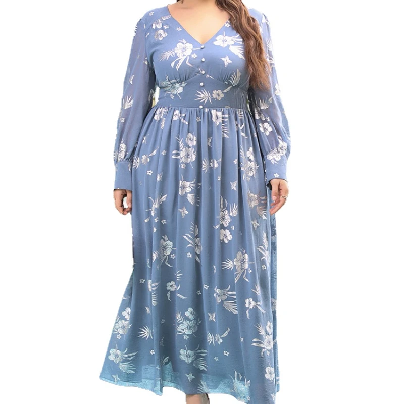 

Women Chic Elegant Large Maxi Dresses 2022 New Summer Long Sleeve Casual Floral Evening Party Festival Clothing L- 4XL