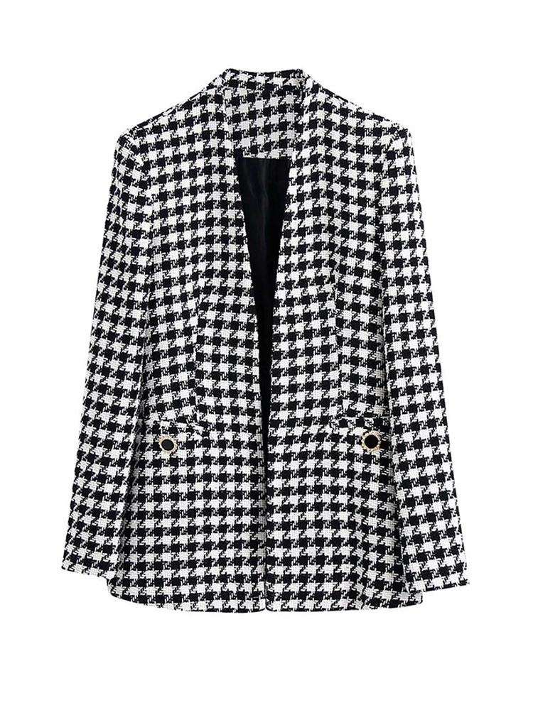 

Women Fashion Tweed Houndstooth Blazer Coat Vintage Long Sleeve Welt Pockets Female Outerwear Chic Veste 2022 New