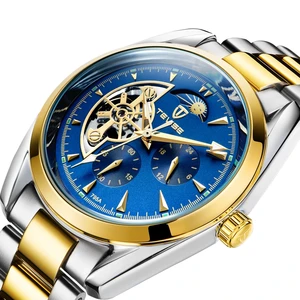 TEVISE Moon Phase Gold Men Skeleton Watch Automatic Mechanical Mens Watches Waterproof Self-winding 