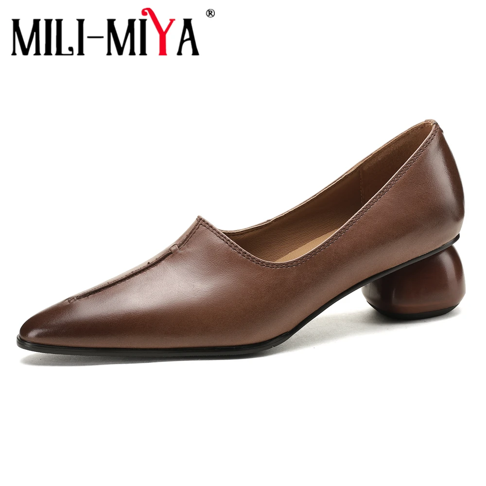 

MILI-MIYA Fashion Splicing Women Cow Leather Pumps Classic Pointed Toe Slip On Round Thick Heels Plus Size 34-43 Office Career