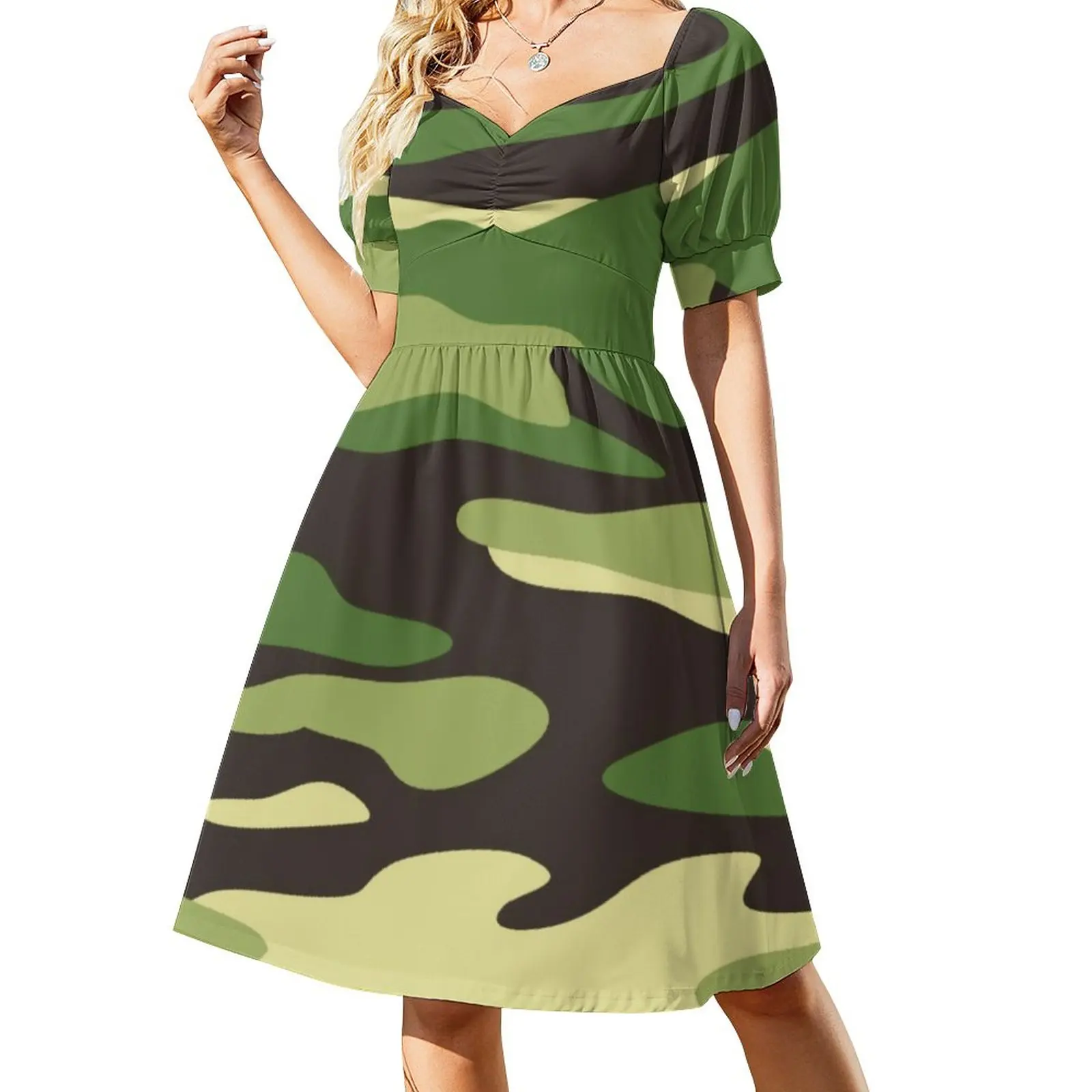 

Army Camo Print Dress Forest Multicam Elegant Dresses Woman Short Sleeve Street Wear Casual Dress V Neck Big Size Clothes