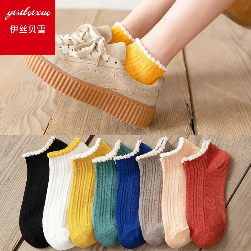 

1pair cute low top retro cotton socks flower edge boat socks invisible spring summer solid color striped mesh women's socks