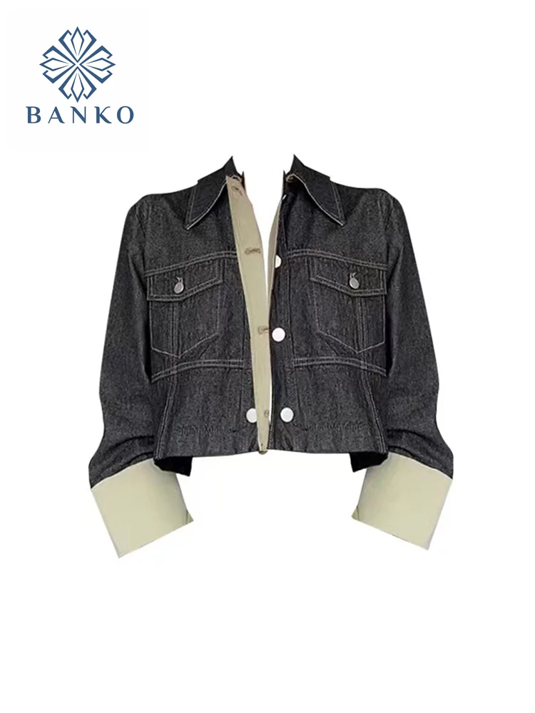 

2022 Autumn Winter Women New Patchwork Korean Fashion Outwear Crop Jacket Vintage Long Sleeve Denim Coat Design Streetwear Chic