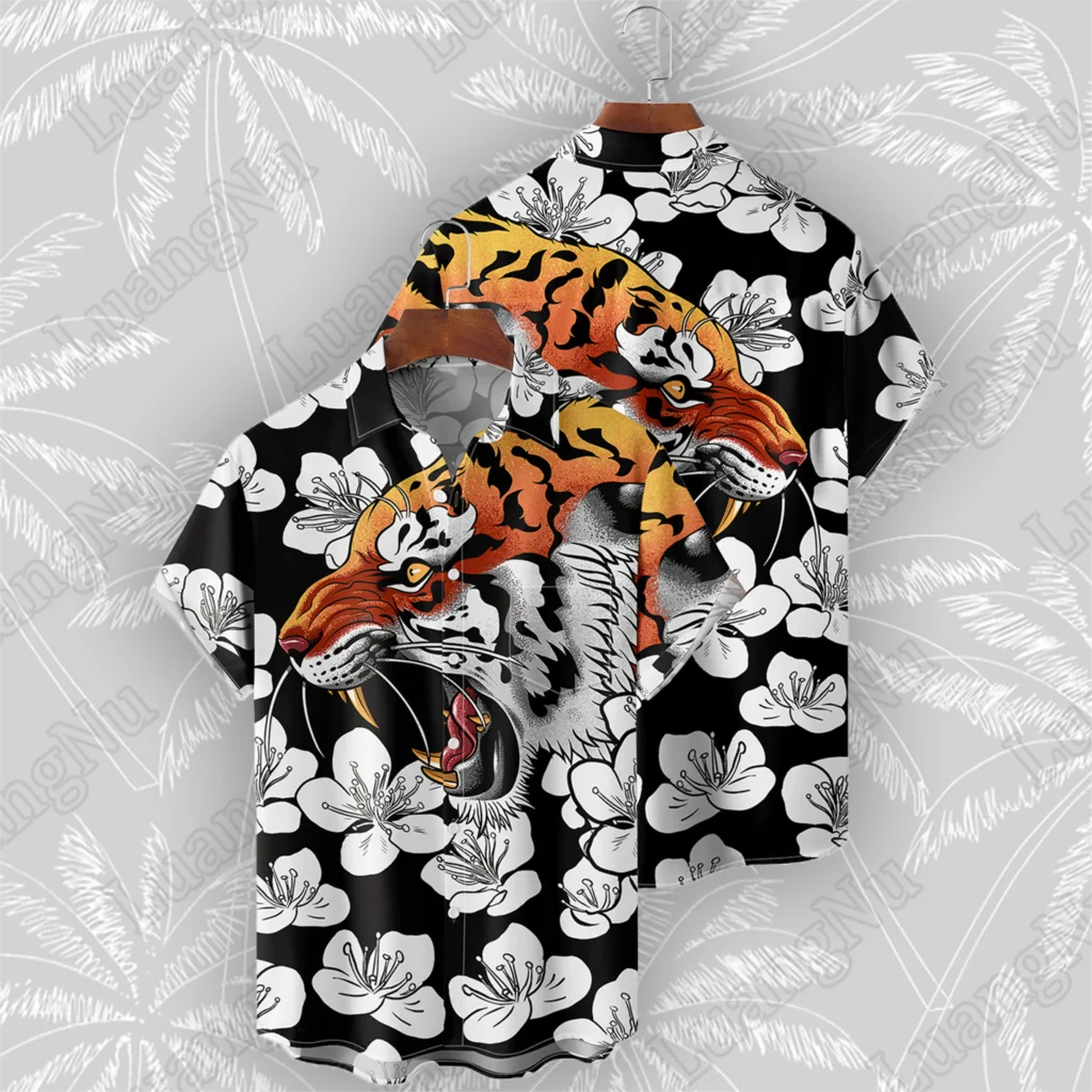 

Мужская Повседневная рубашка, черная гавайская рубашка большого размера с принтом тигра, лето 2023
