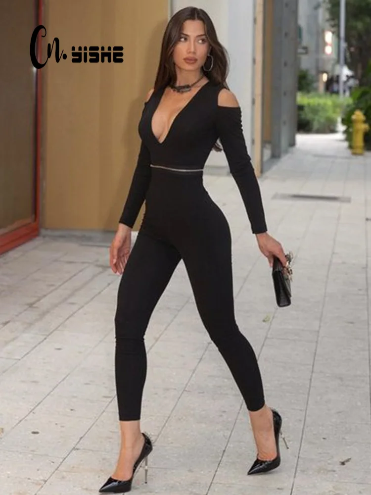 

Cnyishe Sexy Club Solid Rompers Women Jumpsuits V-neck Long Sleeve Shoulder Hollow Out Slim Sheath Streetwear Overalls Female
