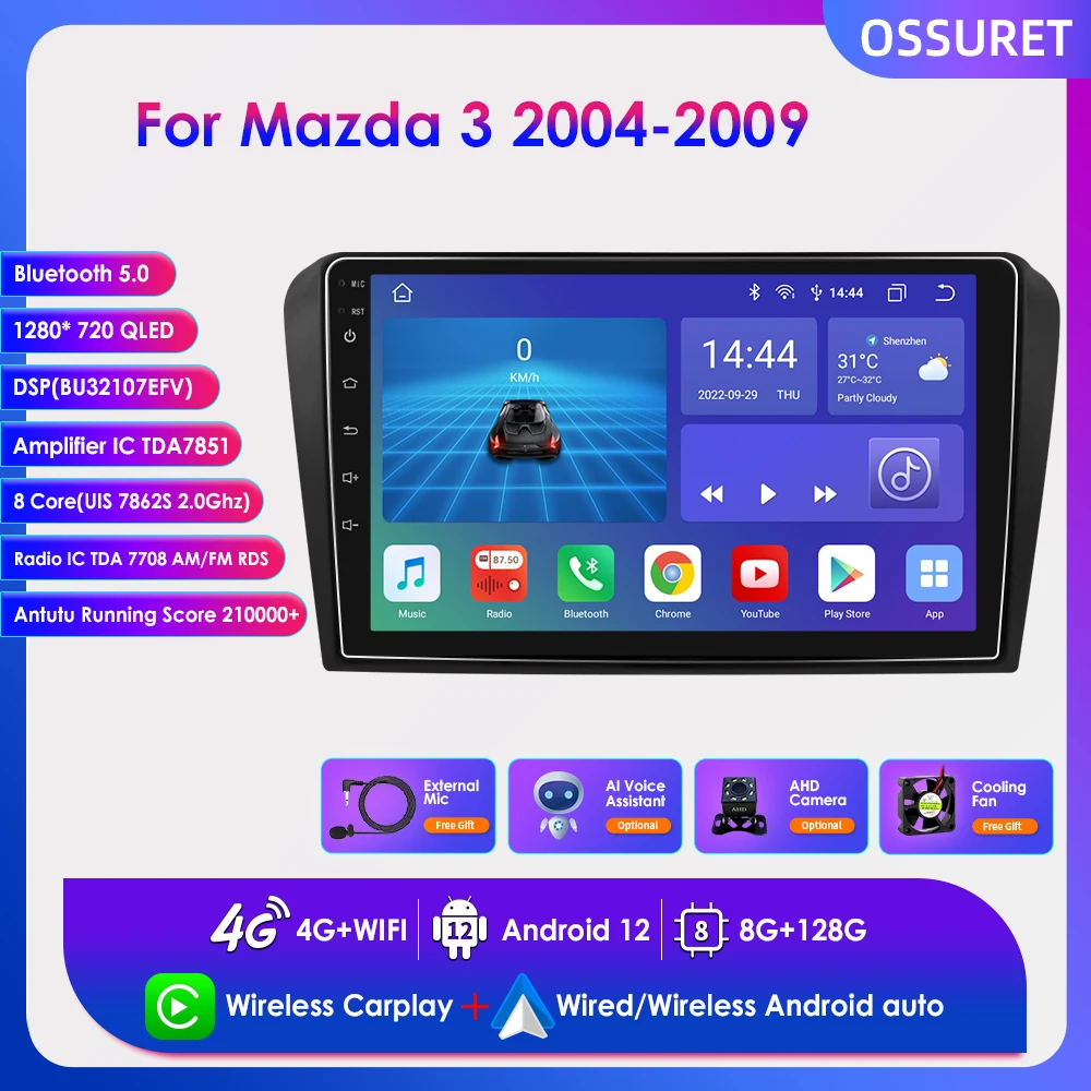 

2din 8 Core Carplay Android 12 for Mazda 3 2004-2009 Autoradio Car Radio Multimedia Player GPS Navigation BT SWC 4G WIFI RDS DSP