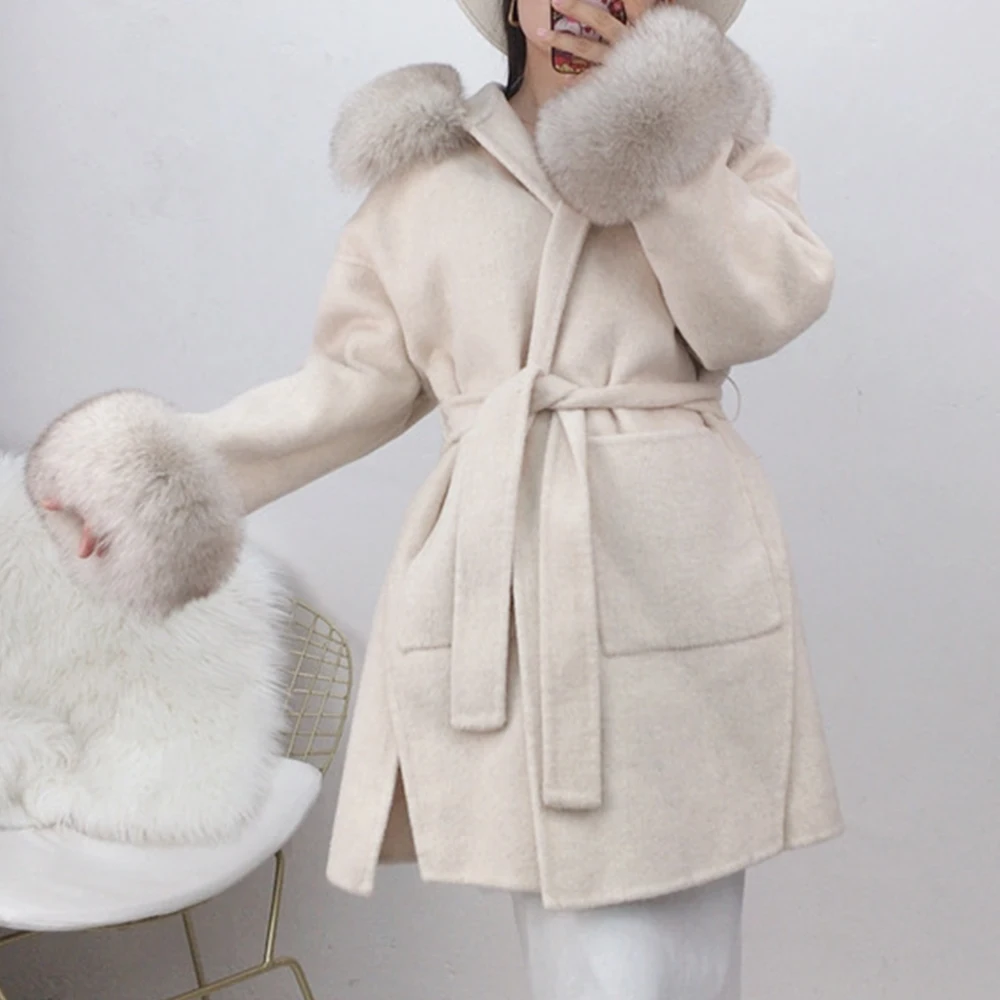 FURYOUME Winter Jacket Women Cashmere Wool Blends Real Fur Coat Natural Fox Fur Trim Hood Streetwear With Belt Outerwear