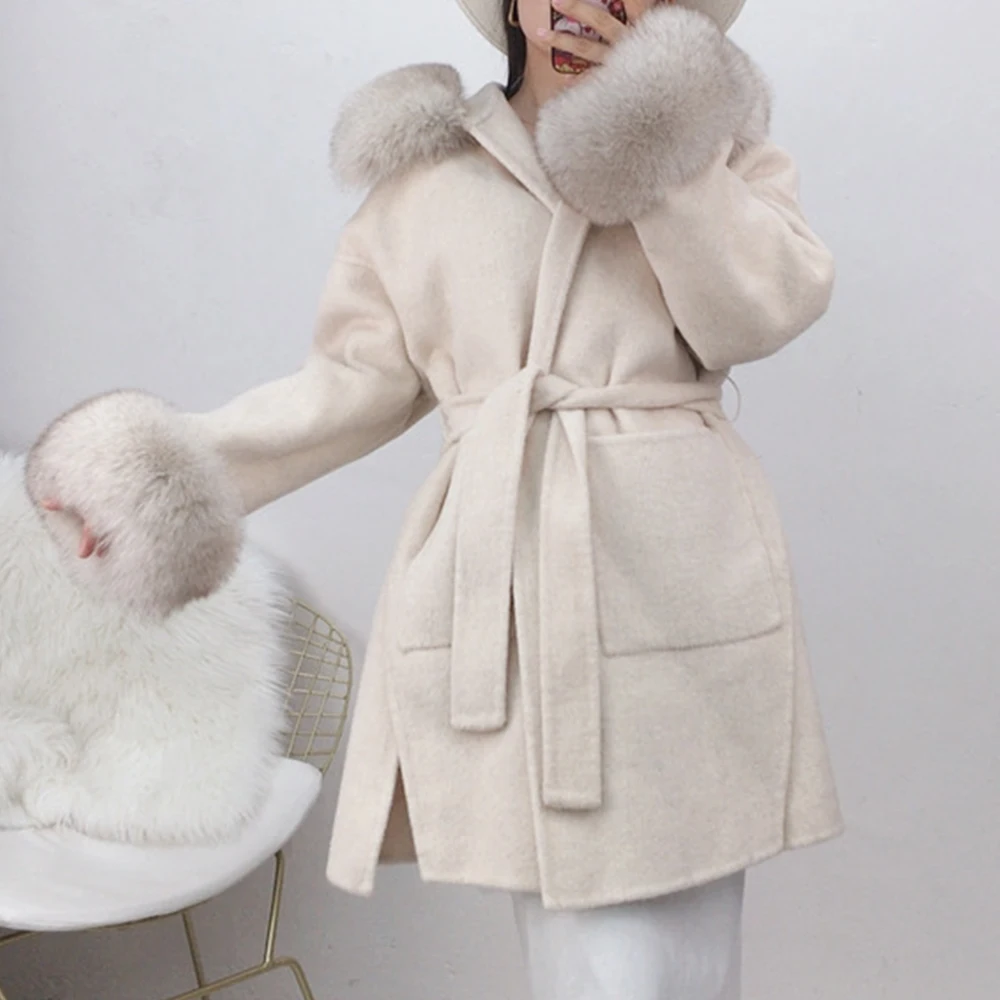 

FURYOUME Winter Jacket Women Cashmere Wool Blends Real Fur Coat Natural Fox Fur Trim Hood Streetwear With Belt Outerwear