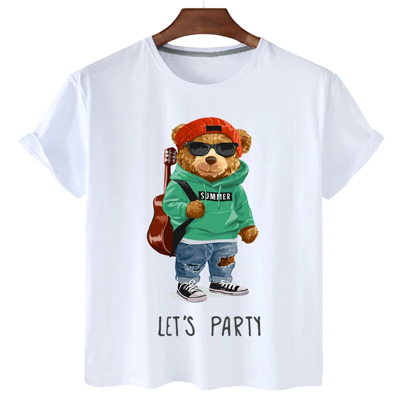 

Летняя футболка с коротким рукавом 2022, повседневные топы с милым гитарным медведем, хлопковые Модные свободные трендовые футболки, уличный ...