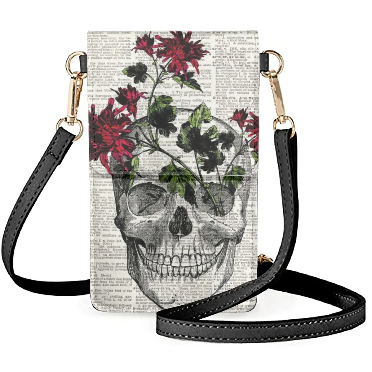 

FORUDESIGNS Skull Floral Shoulder Bags Gothic Style Leather Mobile Phone Bag Diagonal Satchel Multi Pocket Messengers Luxur