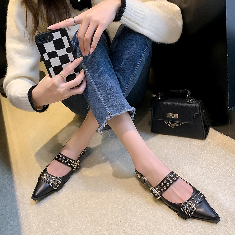 Autuspin Summer Thick Heels Fashion Women Slingbacks Pumps Genuine Leather Casual Shoes Street Style Pointed Toe Ladies Shoes