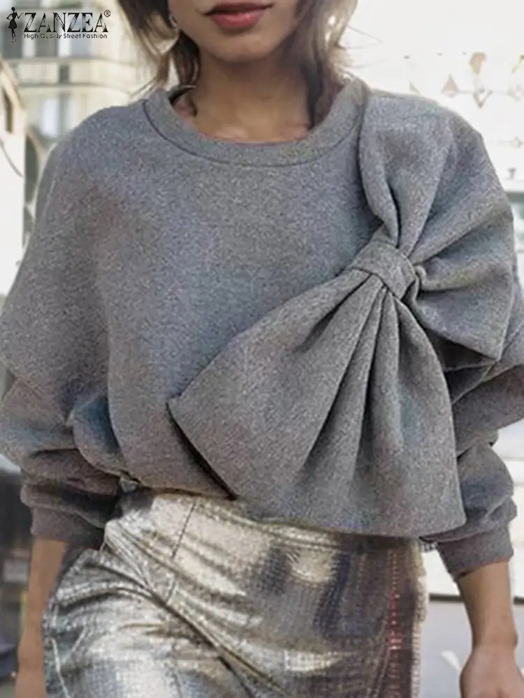 Свитшот ZANZEA женский с бантом Модный пуловер оверсайз длинным рукавом уличная