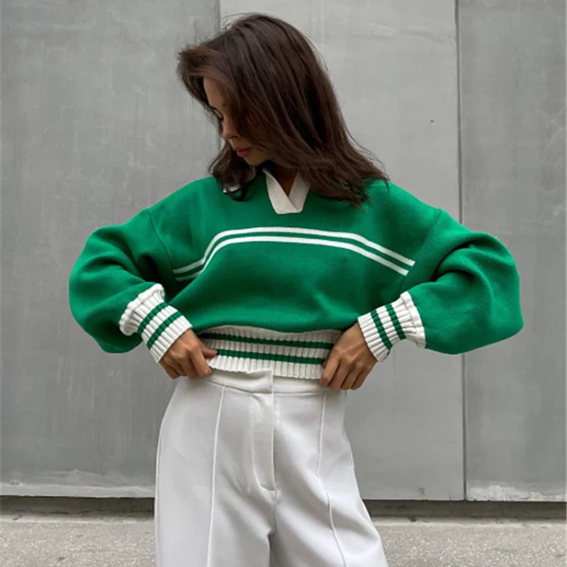 

Stripe Color Contrast Lapel Sweater Women Autumn and Winter Woolen Blouse Loose Long Sleeved Knit Sweater Female