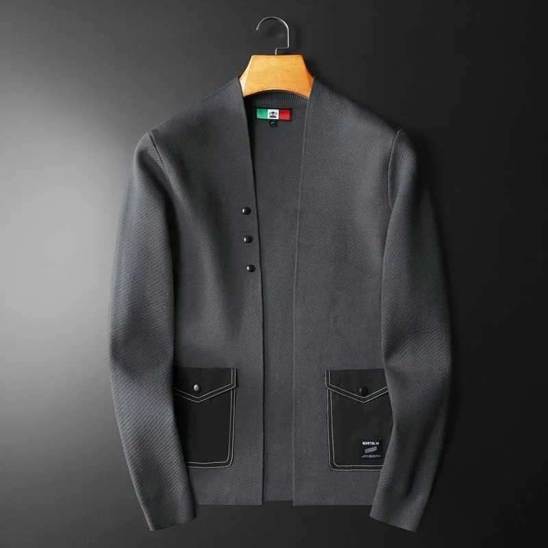 

Quality High Contrasting Colors Pocket Stitching Knitting Cardigan Man Long Sleeve Slim Fit Sweater Cardigan Male Garment Coat