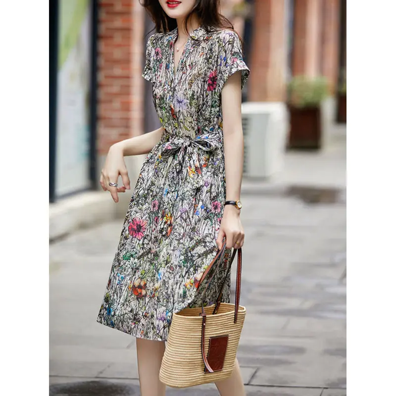 

Women 2022 Summer Fashion Short Sleeve Chiffon Dress Female Floral Print V-neck Vestidos Ladies Long Loose A-line Dresses K07