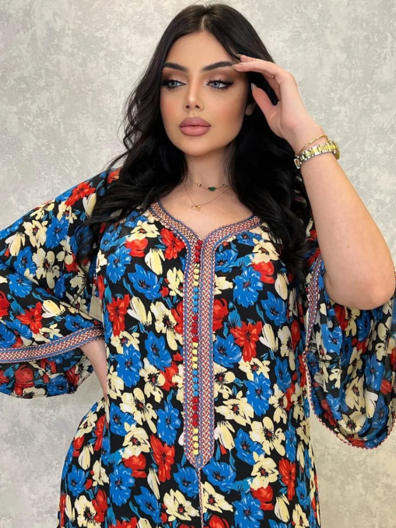 Turkey Muslim Dress Women Abaya Jalabiya Morocco Floral Print Party Dresses Long Kaftan Femme Musulmane Jilbab Hijab Vestidos