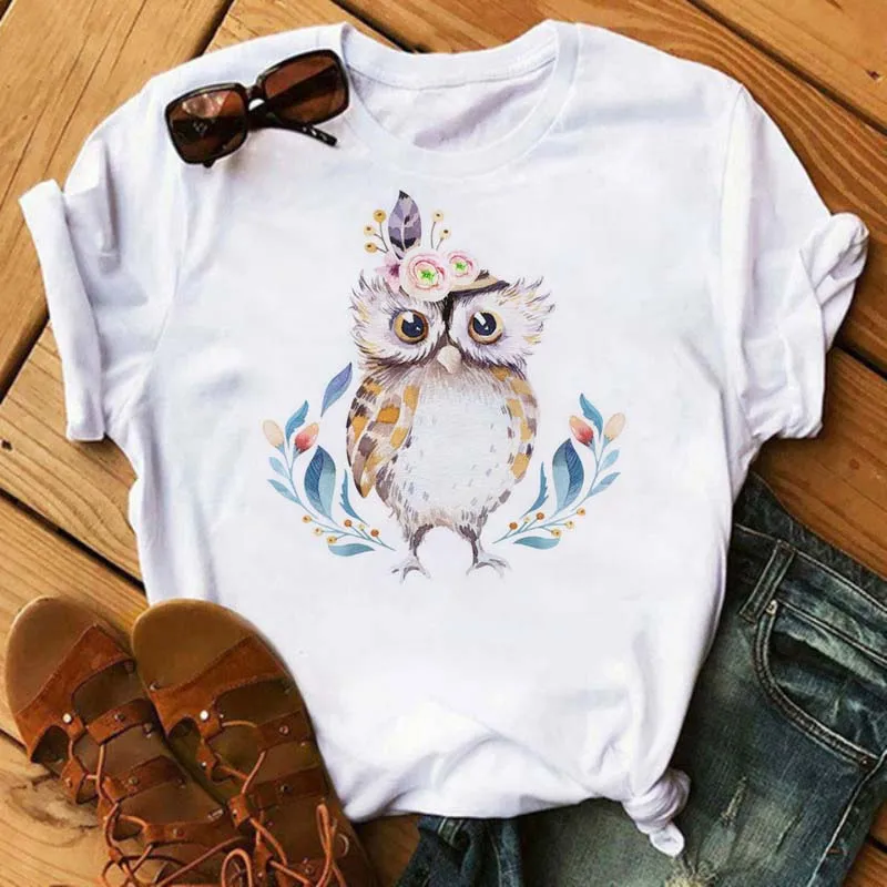 

Kawaii Cartoon Animal Owl Printed T Shirt Women Graphic Print Tee Short Sleeved Casual White Tees Shirt Harajuku Female T-shirts