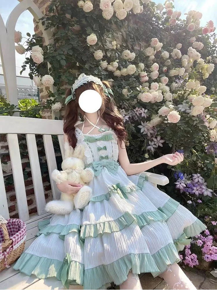

CON Japanese Bow Ruffled Sling Lolita Dress Sweet And Cute Small Fresh Cake Dress