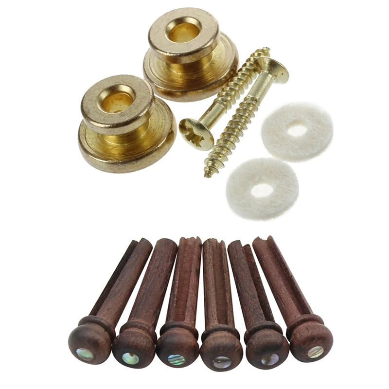 

2Pcs Golden Strap Button with Mounting Screw with 6Pcs Wood Guitar Pins Rosewood Strings Pegs Slotted Endpin