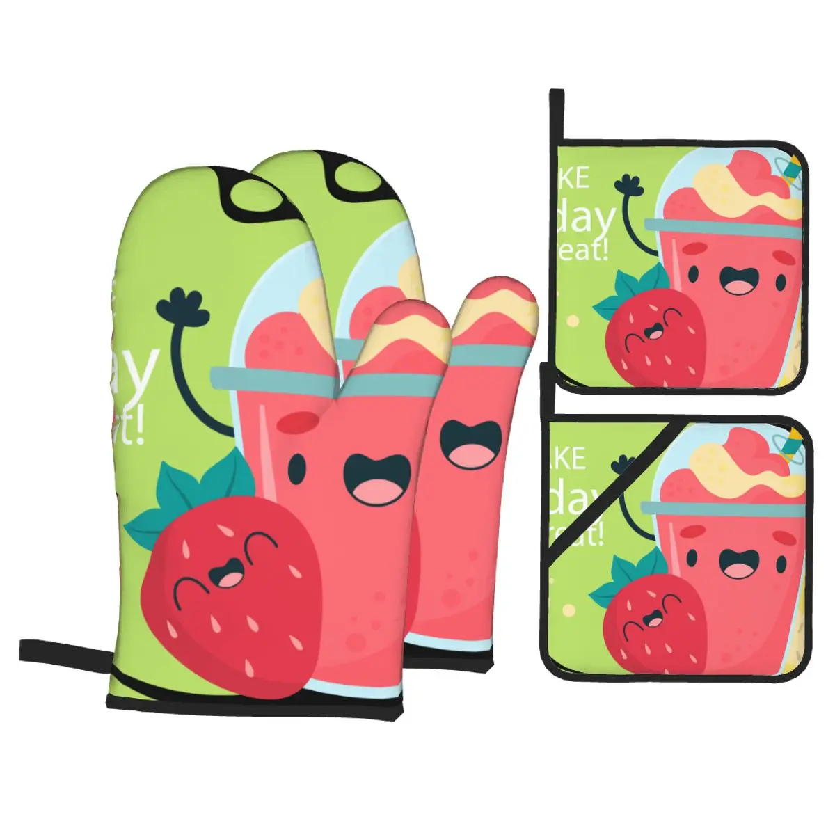 

4pcs Oven Mitts Polyester Baking Insulation Gloves Summer Strawberry Microwave Heat Resistant Kitchen Gloves Oven Potholder Pad