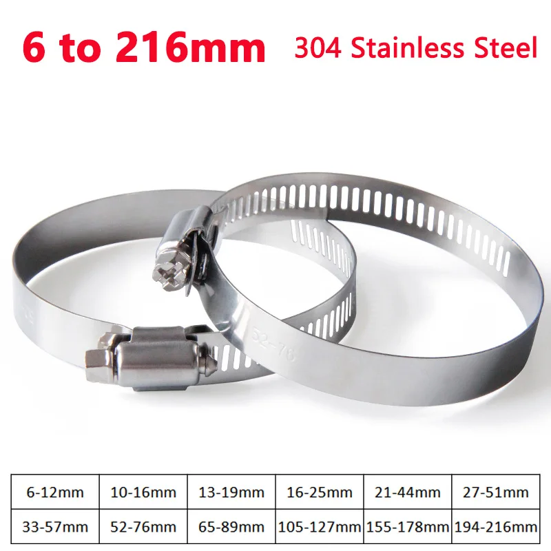 

1-5pcs 6 to 216mm Pipe Clamps 304 Stainless Steel Adjustable Drive Hose Clamp Fuel Line Worm Size Clip Hoop Hose Clamp