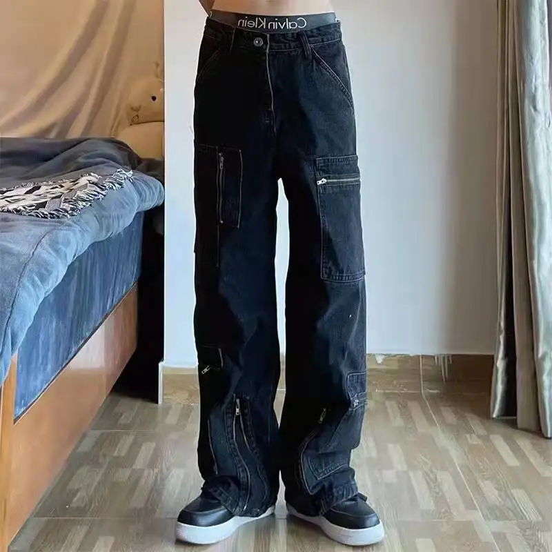 Harajuku Zipper Pcokets Streetwear Retro Washed Retro Mens Jeans Pants Oversized Hip Hop Vibe Style Couple Denim Trousers
