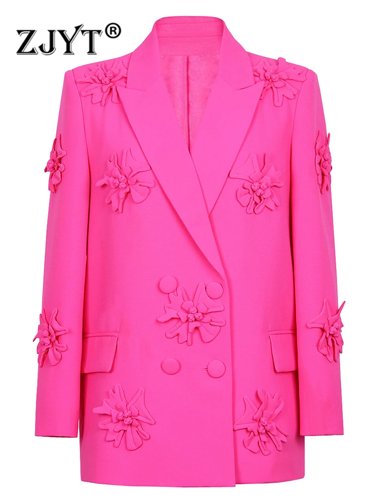 ZJYT Luxury 3D Flroal Long Blazers for Women Jacket Coat Autumn Winter Turn Down Collar Party Office Outerwear Elegant White