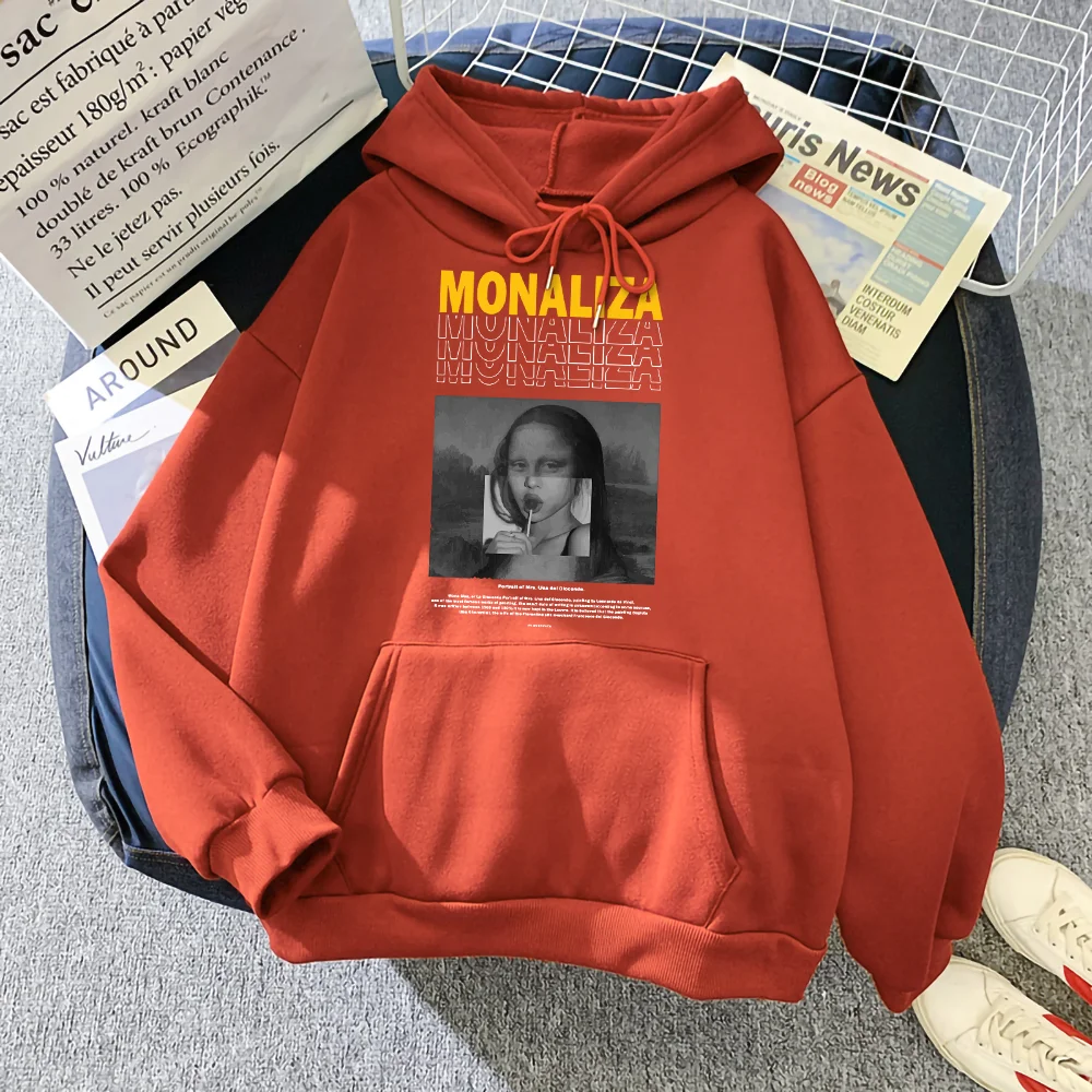 

Modern Monaliza Eat Lollipop Creativity Splicing Print Men Hoodies Funny Personality Fleece Pullover Street Casual Man Hoody