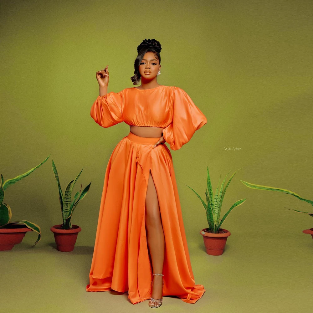 

Оранжевые Атласные Простые платья для выпускного вечера из двух частей с длинным рукавом с высоким разрезом африканские женские вечерние платья Индивидуальный Пошив