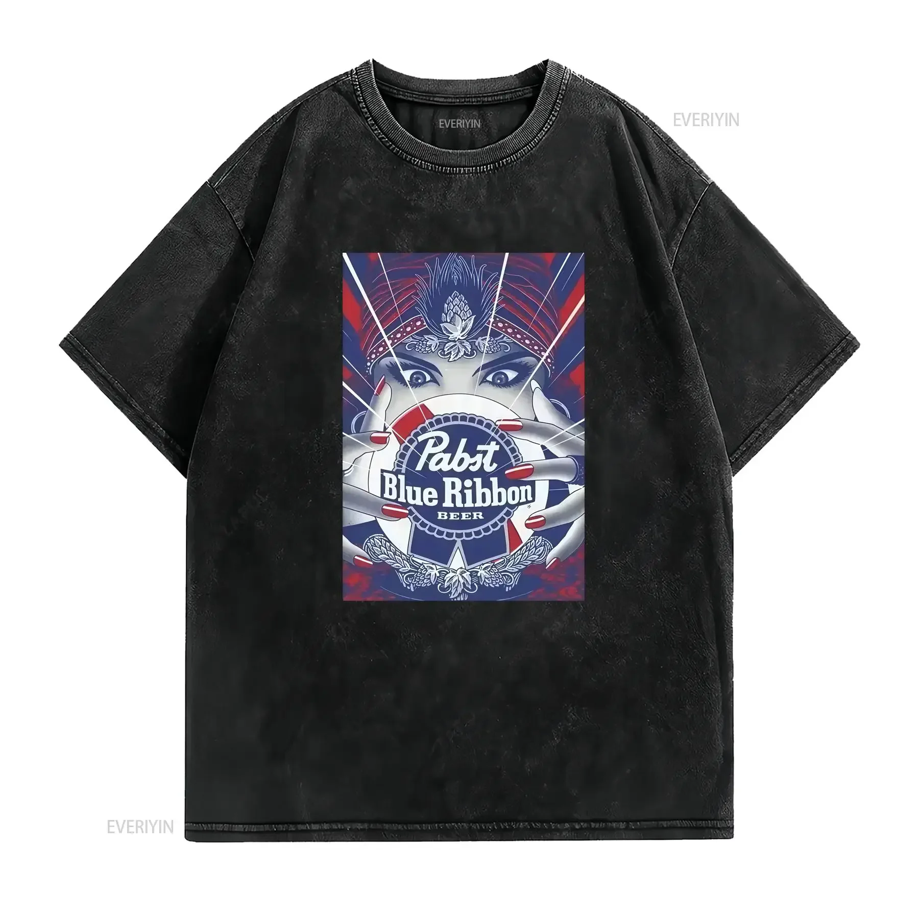 Фото Футболка Pabst Blue Ribbon с винтажным принтом, американская, в стиле Heavy Ad Washed, для повседневной носки, уличная одежда, графический винтажный дизайн, эффект потертости №2