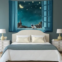starry night view baby cat tapestry wall hanging moon star window view wall blanket cloth tapestries for bedroom home decoration