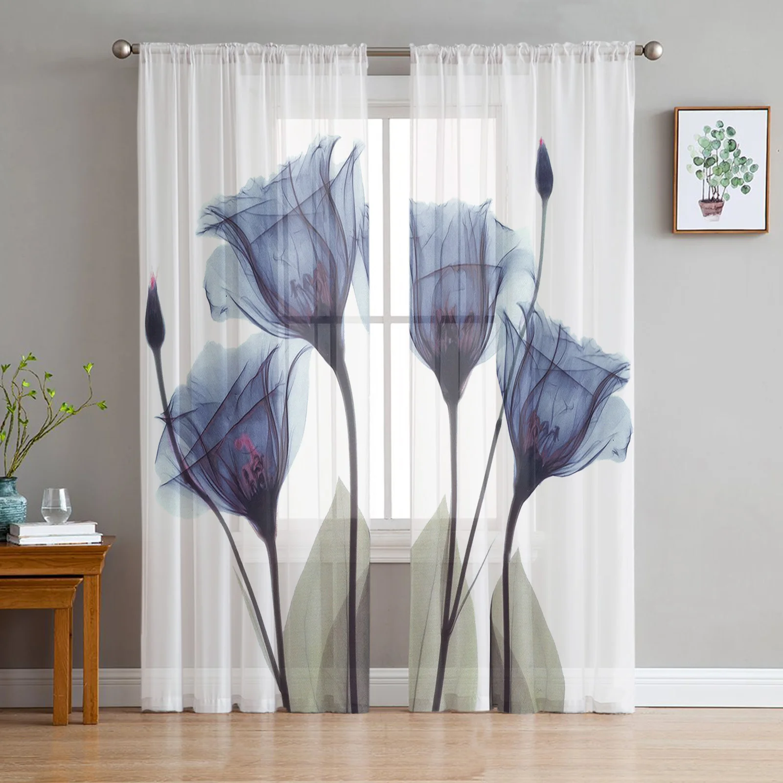 

Idyllic Blue Tulip Flower Sheer Curtains for Living Room Bedroom Tulle Curtain for Kitchen Home Decor Window Drapes