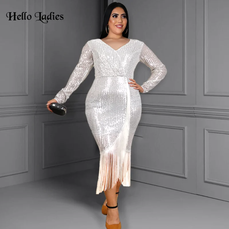 HL Plus Size Sequin Dresses Women High Elastic Party Evening Dress New Fashion Elegant V-neck Split Tassel Dress Women Clothes