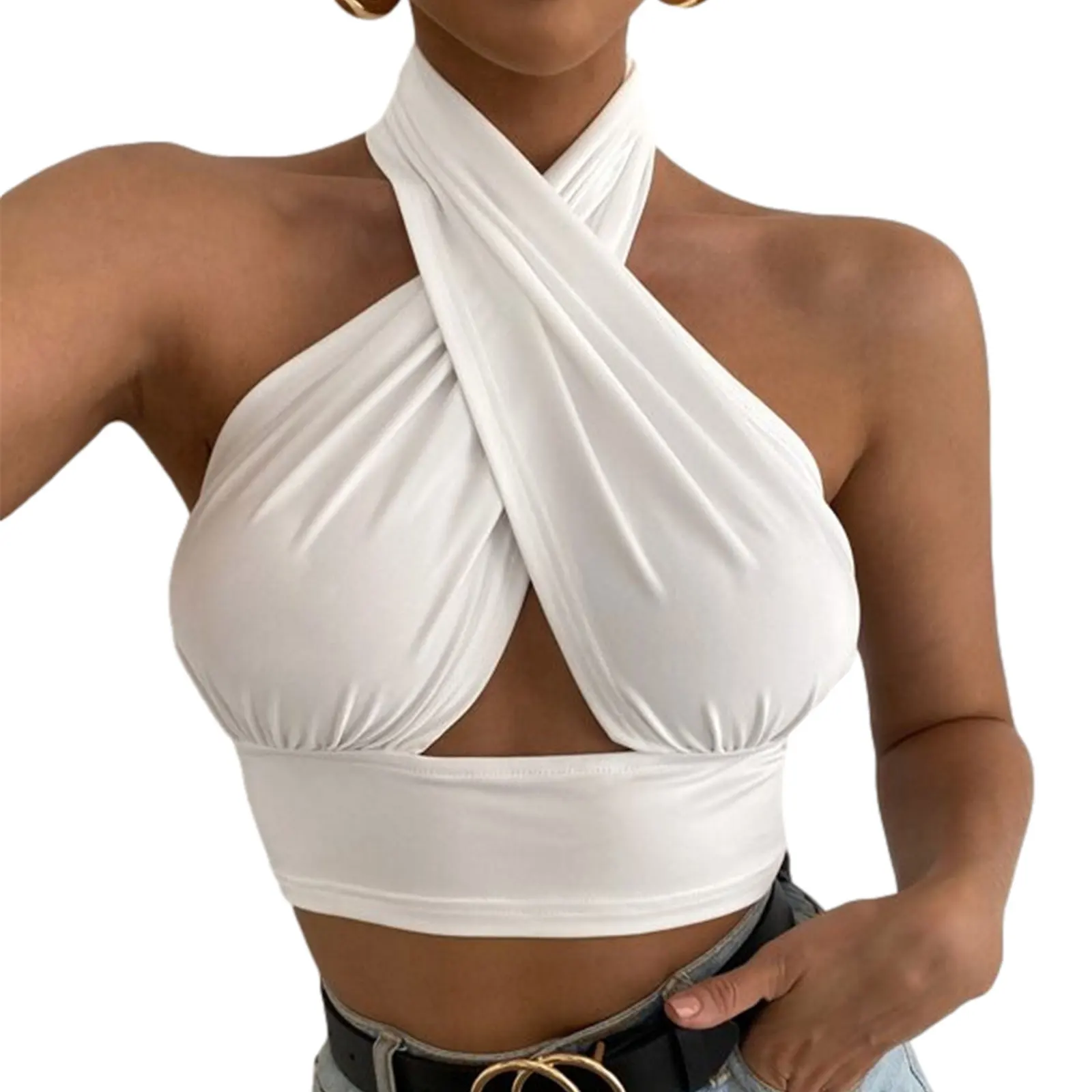 Женские сексуальные однотонные кроп-топы с перекрестной лямкой через шею и