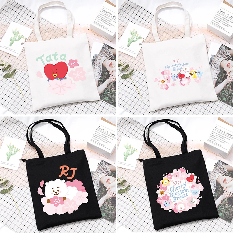 

Bt21 Аниме Сумка через плечо Kawaii Мультфильм Kpop Love печенье щенок на молнии холщовая пляжная сумка большая емкость тоут сумки мешок подарки