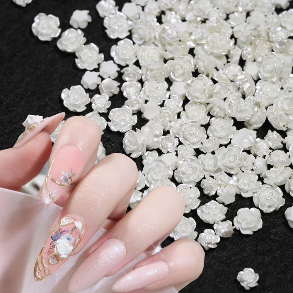 

50g Rose 5D Nail Charms White Flower Nail Art Charms Decorations 6mm/8mm Camellia Nail Glitter Design Acrylic Nail Studs Parts