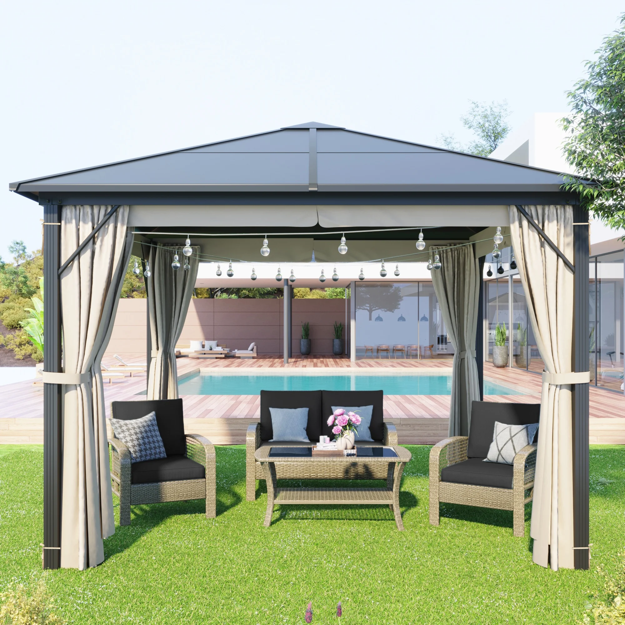 

9.8 Ft. W x 9.8 Ft. D Aluminum Paito Gazebo With Polycarbonate Roof Patio Umbrellas Shade Home Garden Outdoor Canopies Gazebos