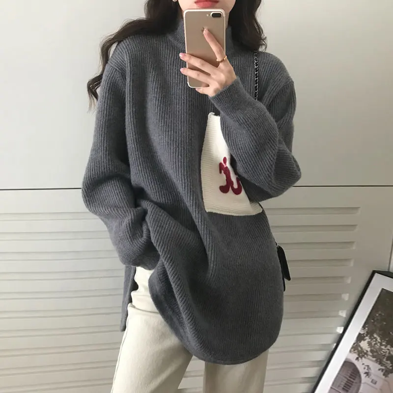 

ZCSMLL Korean Autumn Winter Vintage Simple Half High Collar Color Contrast Patch Embroidery Long Split Knitwear Sweater Women