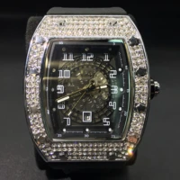 missfox tonneau dial platinum watches man luxury brand diamond men quartz watch unique design rubber strap fashion wristwatch