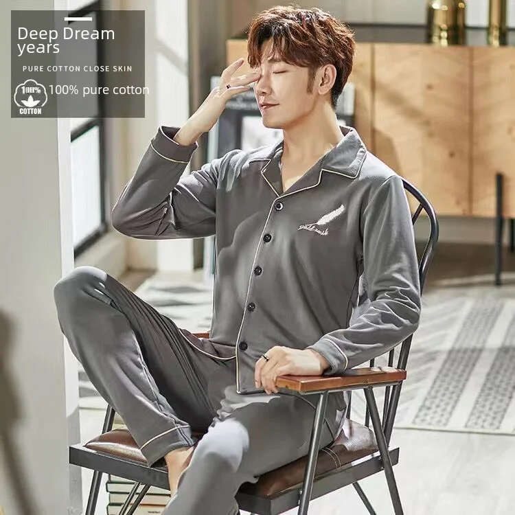 Мужской пижамный комплект из 100% хлопка с длинными рукавами повседневная тонкая