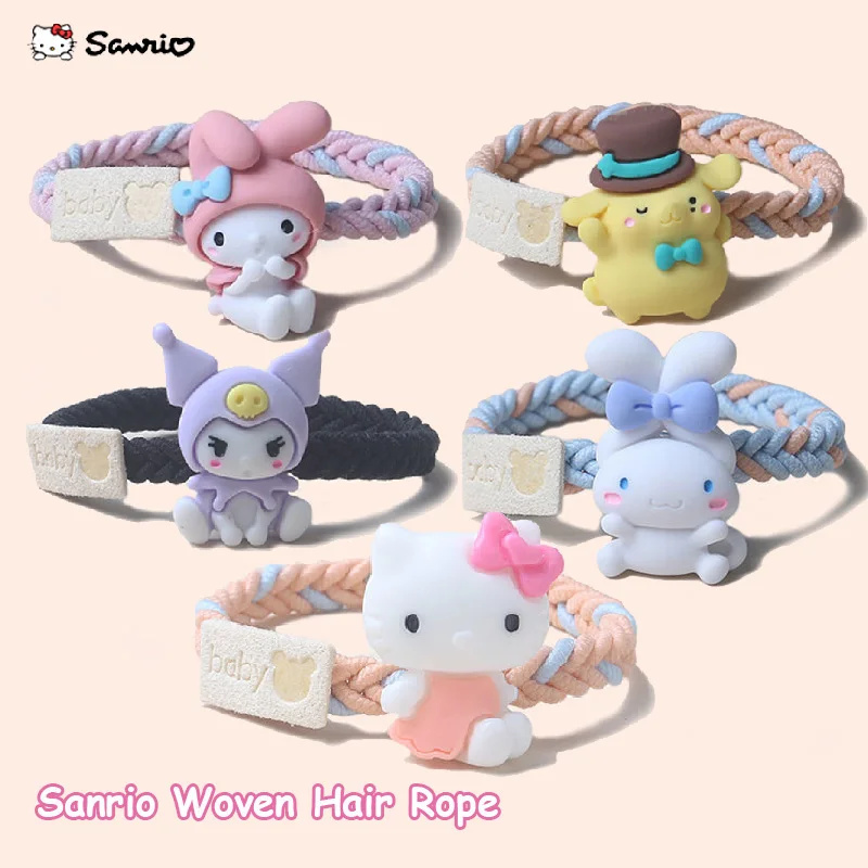 

1/3Pcs fashion girl woven hair rope kawaii sanrio Hello Kitty Cinnamorroll cartoon Children rubber band Hair Circle accessories