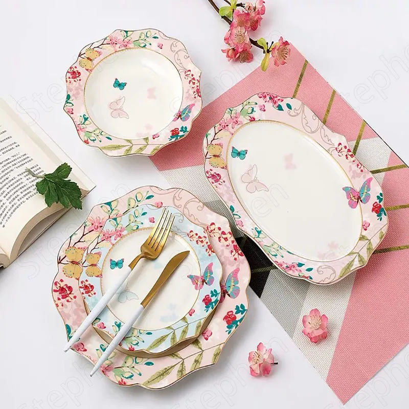 

American Pastoral Ceramic Dinner Set Plates and Dishes Painted Sakura Butterfly Decorative Dessert Plate Afternoon Tea Tableware