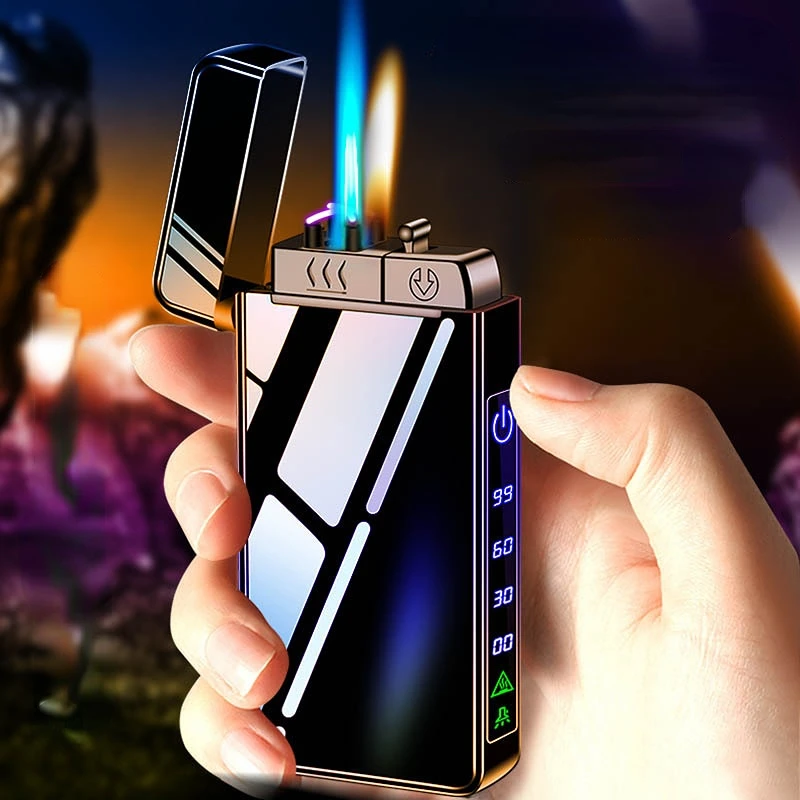 

High-end gas-electric three-fire metal windproof inflatable lighter LED flashlight for men is an unusual gift