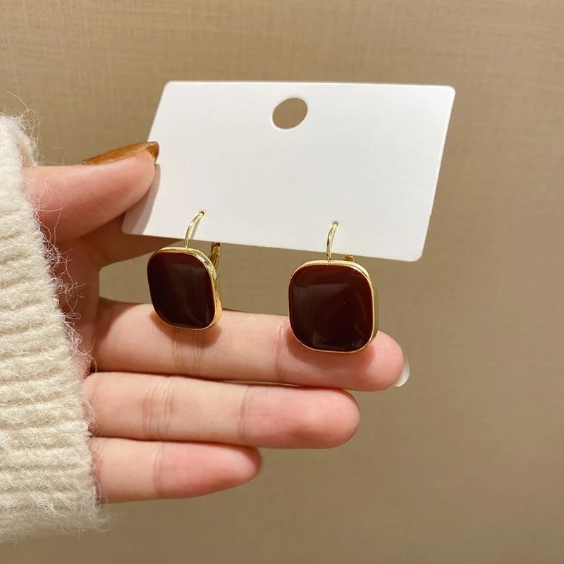 Wine Red Geometric Square Stud Earrings for Women Dripping Oil Cute Korean Metal Wedding Fashion Jewelry Wholesale Gift |