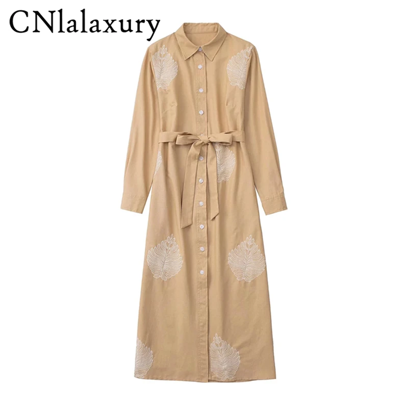

CNlalaxury Women Summer 2022 Sand Color Leaf Embroidery Linen Blend Dress Long Sleeves Vintage Midi Dresses Belt Vestidos Mujer