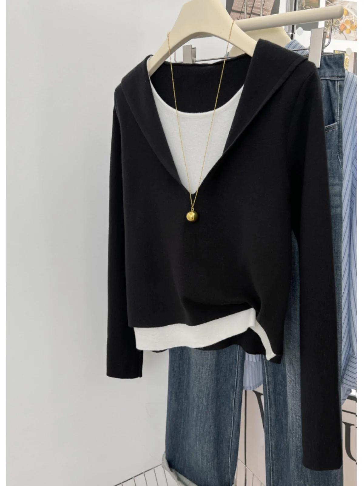 Guangzhou Thirteen Lines Korean Goods Hood Fake Two-Piece Pullover Knit Sweater Women Autumn and Winter Casual All-matching L...